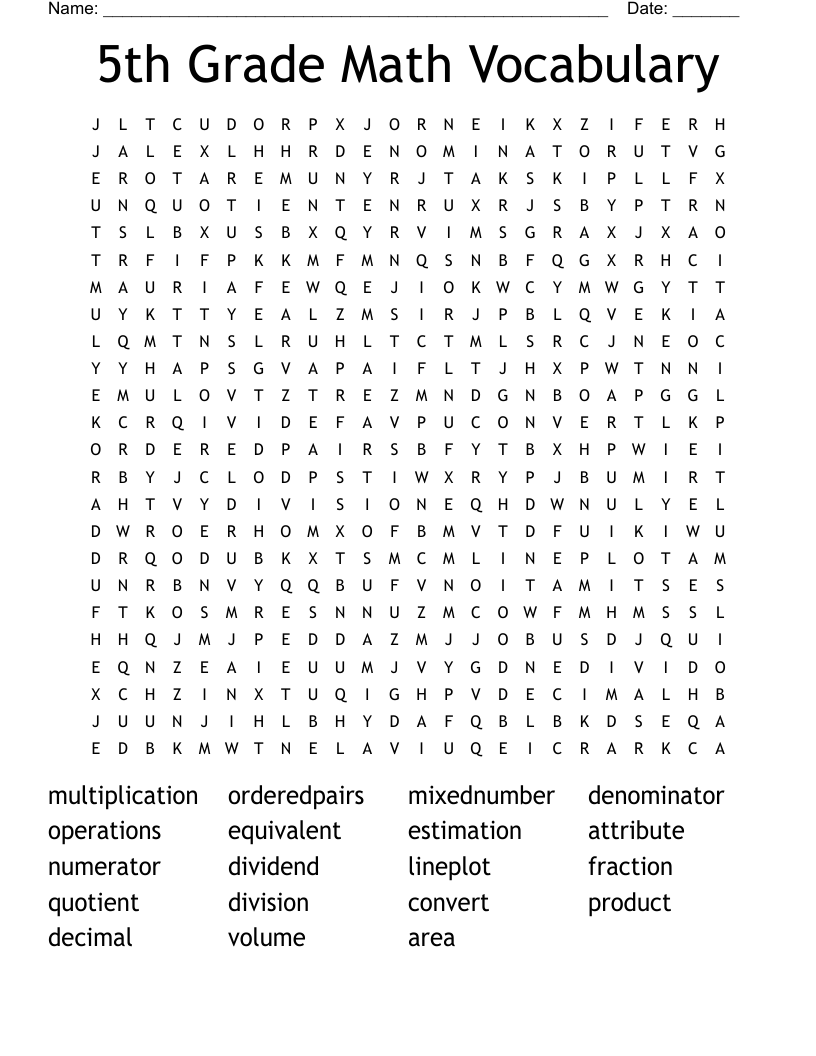 5th Grade Math Vocabulary Word Search WordMint