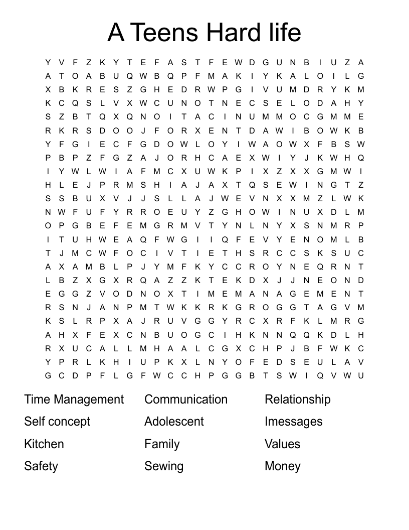 A Teens Hard Life Word Search WordMint A Teens Hard Life Word Search WordMint