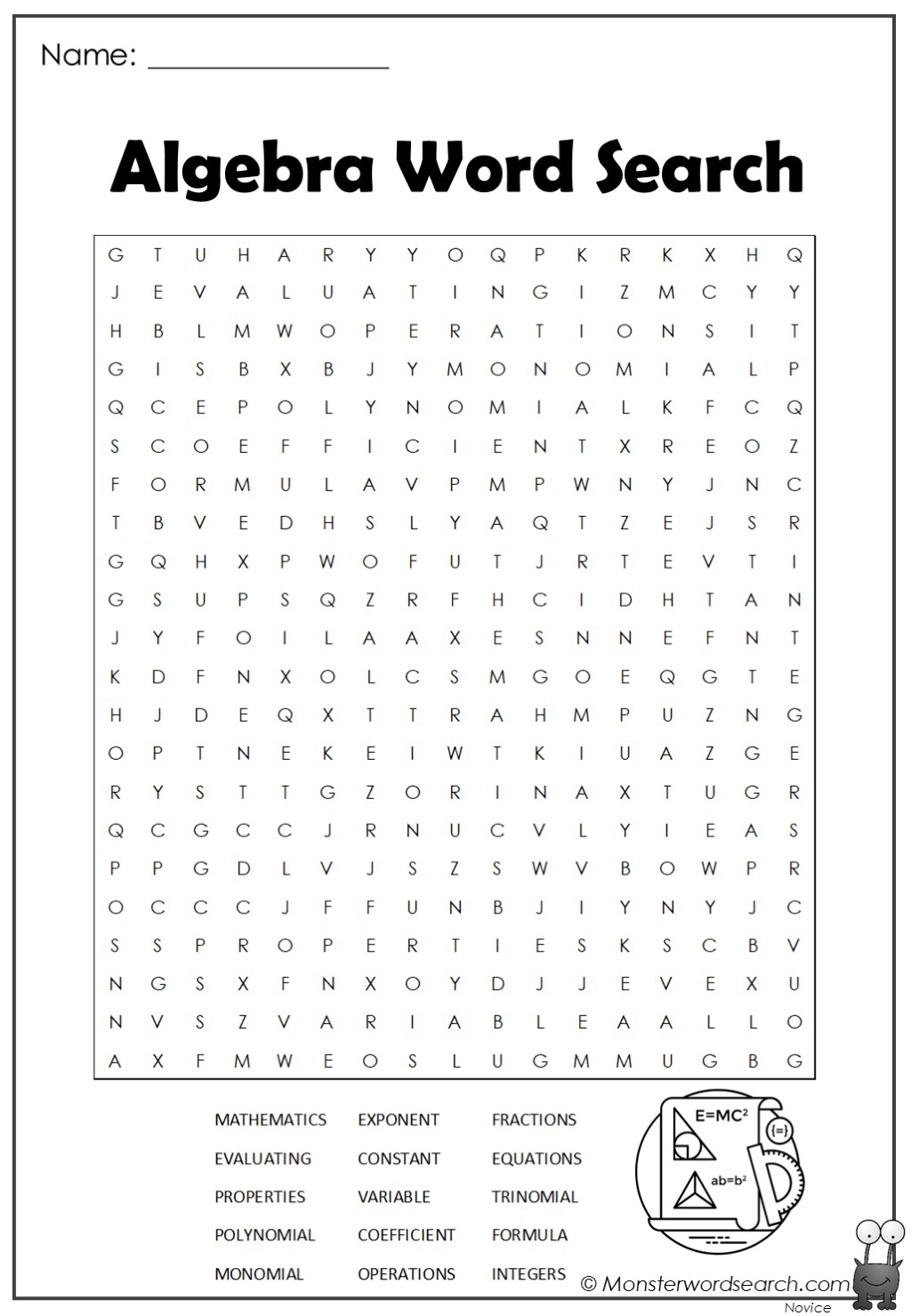Algebra Word Search Monster Word Search Algebra Word Search Monster Word Search