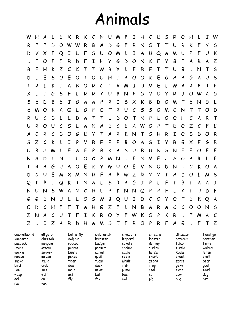 Animals Word Search WordMint Animals Word Search WordMint