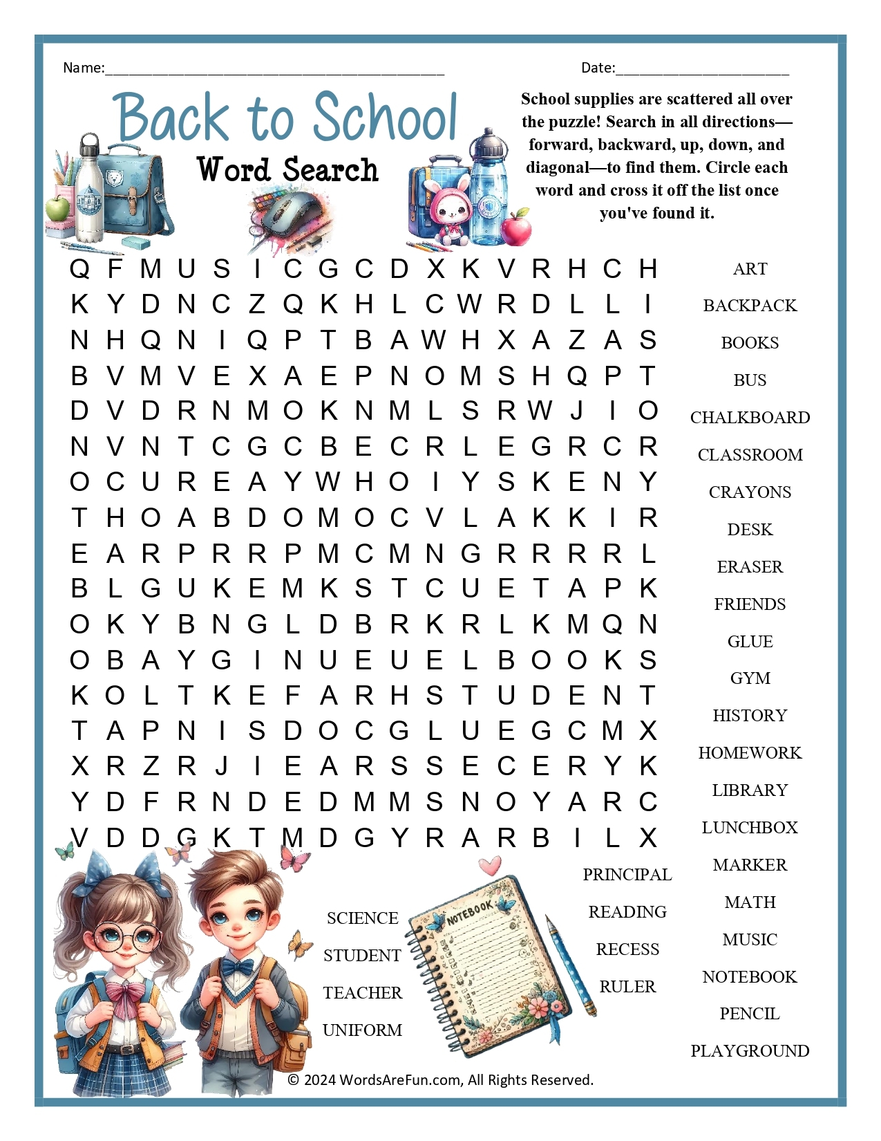 Back To School Word Search Back To School Word Search