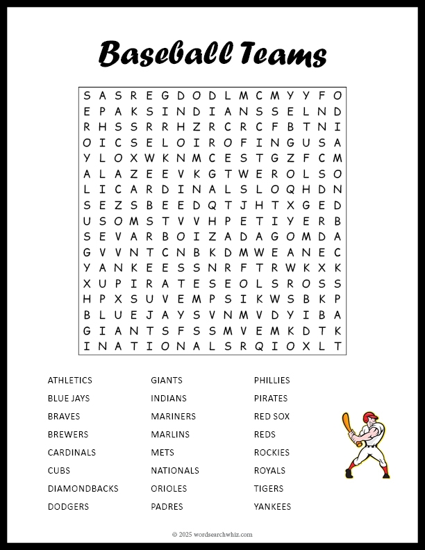 Baseball Teams Word Search Baseball Teams Word Search