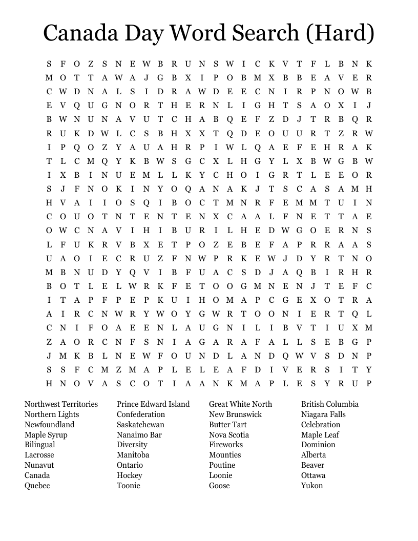 Canada Day Word Search Hard WordMint Canada Day Word Search Hard WordMint