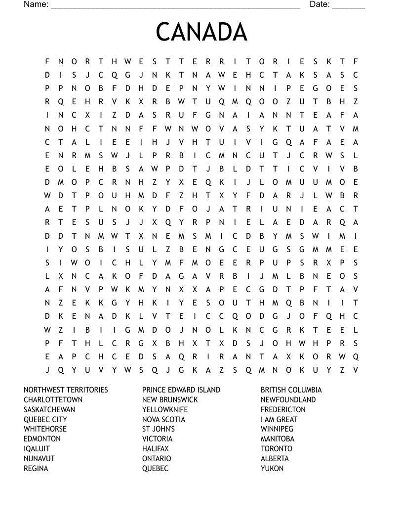Canada Word Search WordMint
