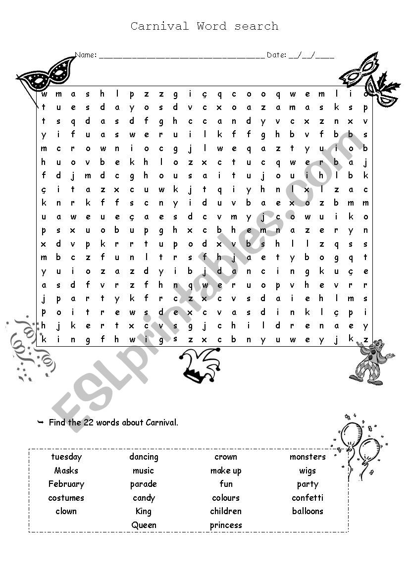 Carnival Word Search ESL Worksheet By KGarcia Carnival Word Search ESL Worksheet By KGarcia