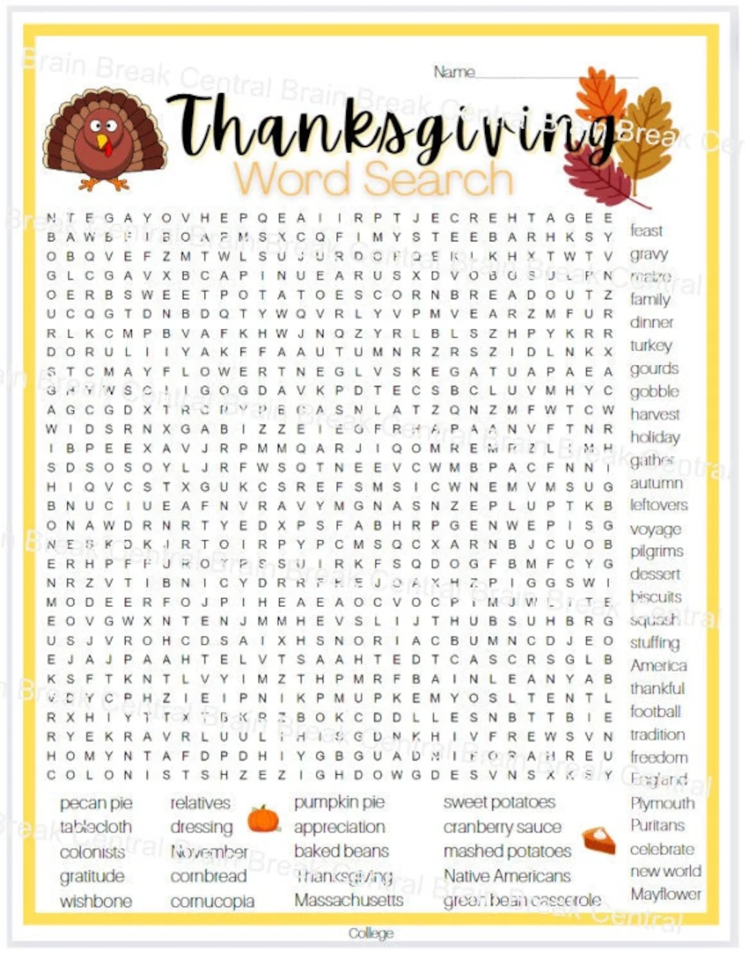 College adult Thanksgiving Word Search With Answer Key Printable Etsy