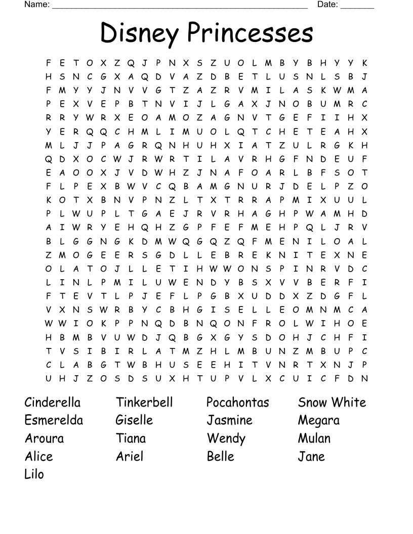 Disney Princesses Word Search WordMint Disney Princesses Word Search WordMint
