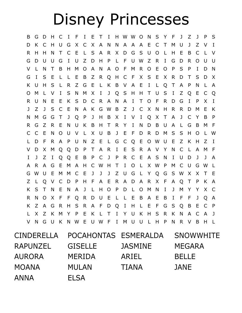 Disney Princesses Word Search WordMint Disney Princesses Word Search WordMint