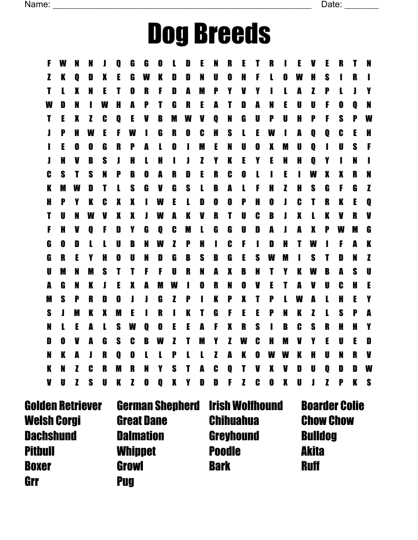 Dog Breeds Word Search WordMint Dog Breeds Word Search WordMint