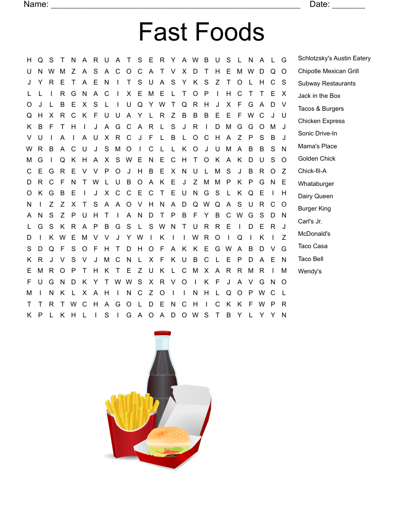 Fast Food Word Search WordMint Fast Food Word Search WordMint