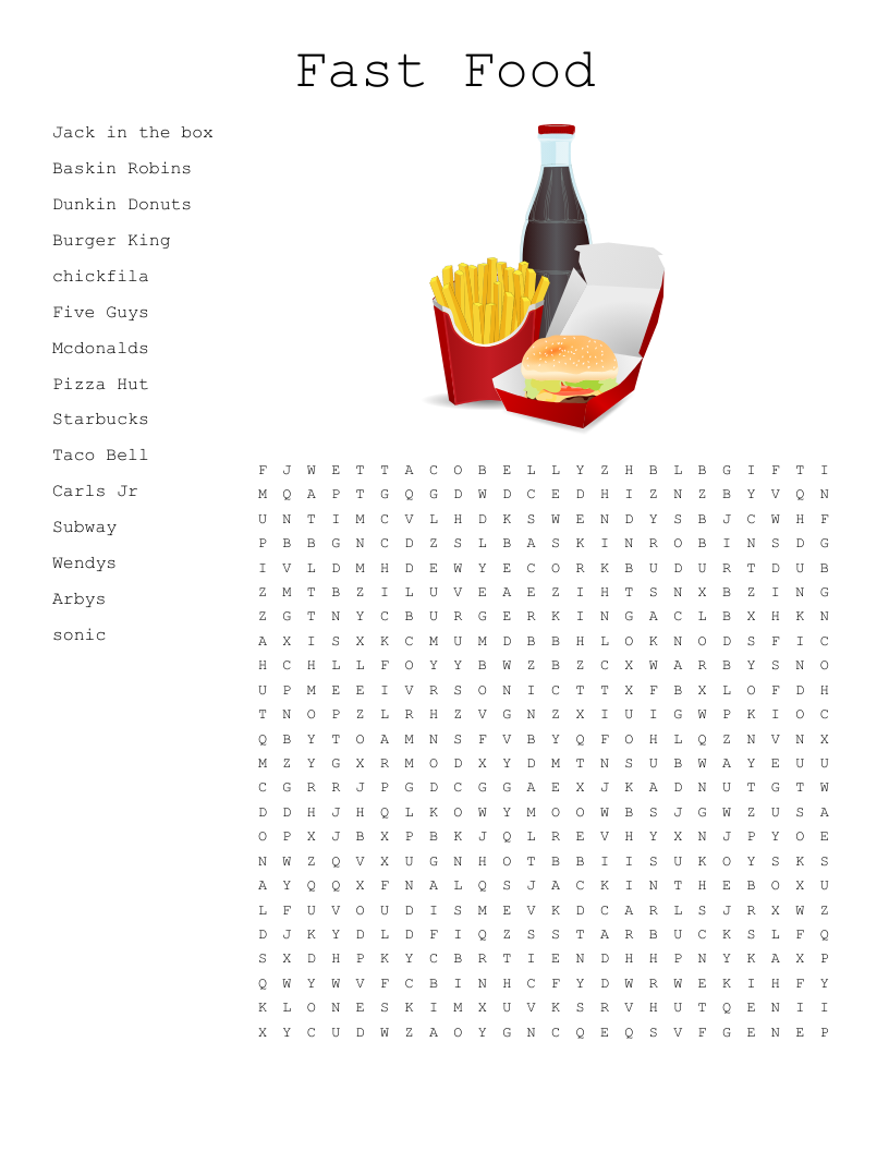 Fast Food Word Search WordMint Fast Food Word Search WordMint