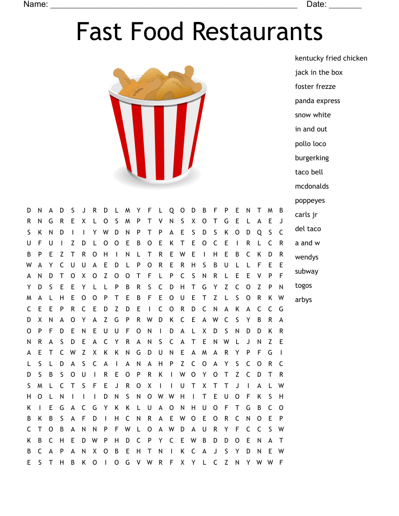Fast Food Word Search WordMint Fast Food Word Search WordMint
