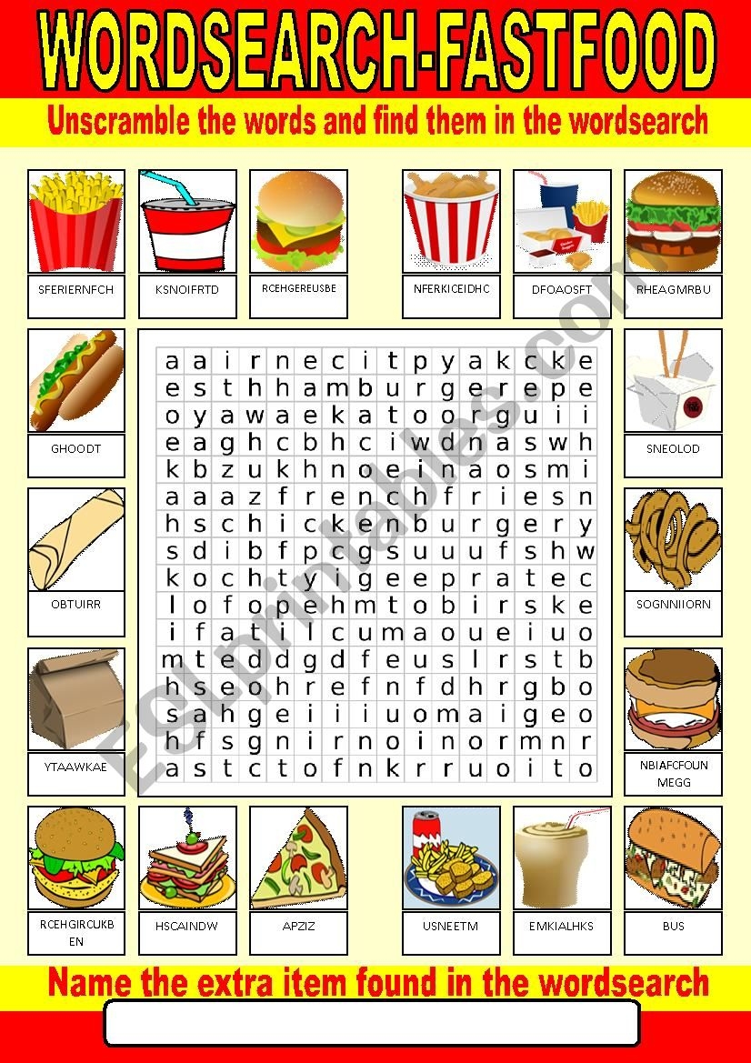 Fast Food Wordsearch ESL Worksheet By Photogio Fast Food Wordsearch ESL Worksheet By Photogio