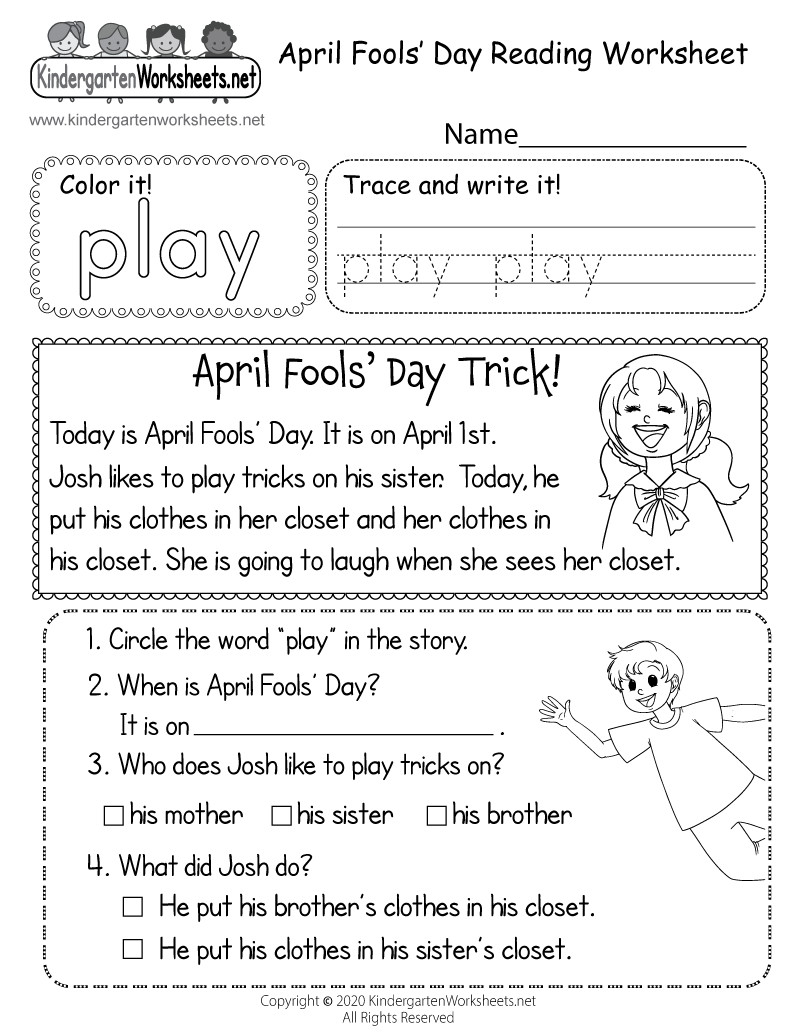 Free Printable April Fools Day Reading Worksheet Free Printable April Fools Day Reading Worksheet