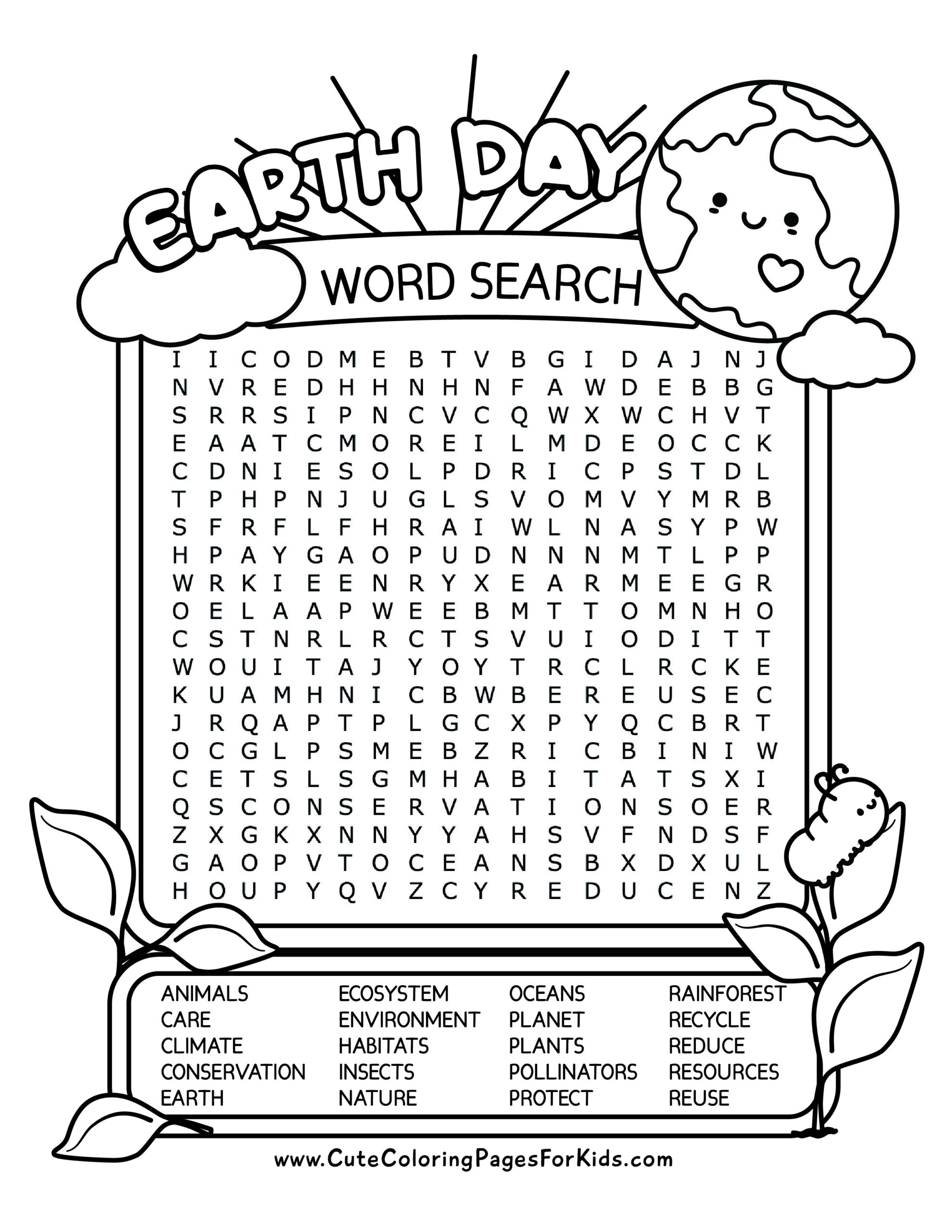 Free Printable Earth Day Word Search Puzzles For Kids Cute Coloring Pages For Kids Free Printable Earth Day Word Search Puzzles For Kids Cute Coloring Pages For Kids