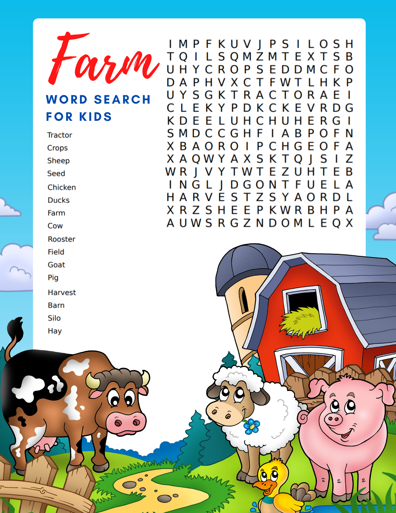 Farm Animal Word Search Printable