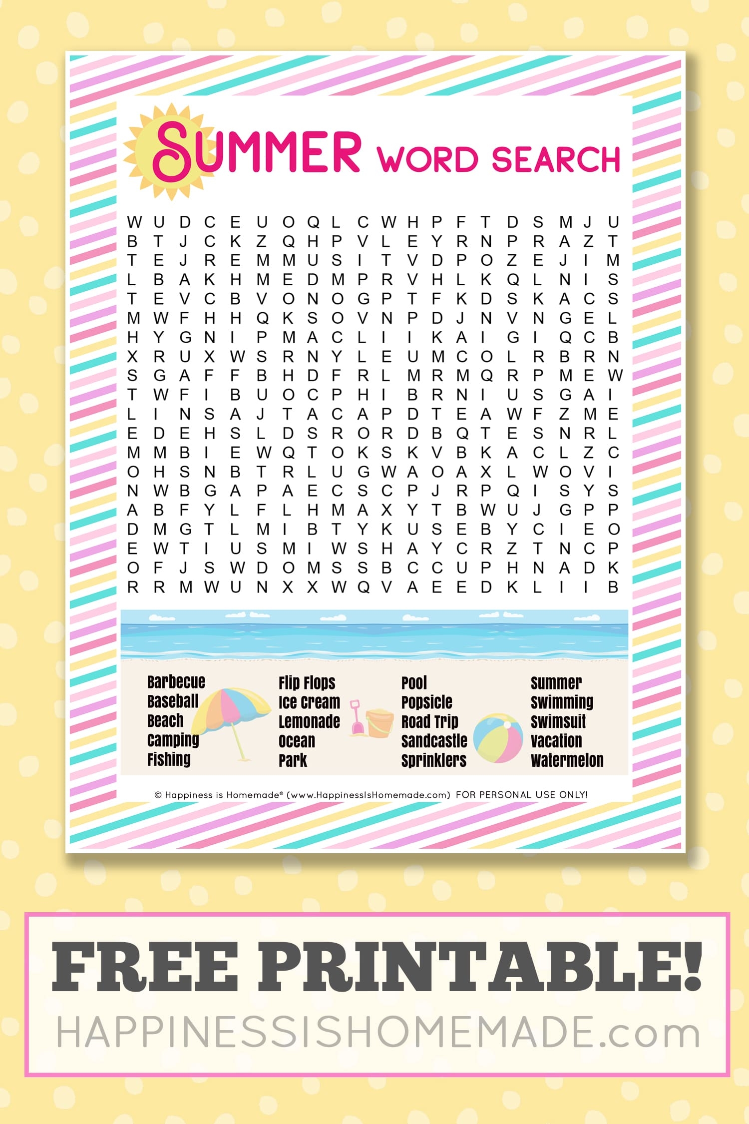 Giant Summer Word Search Answer Key Printable