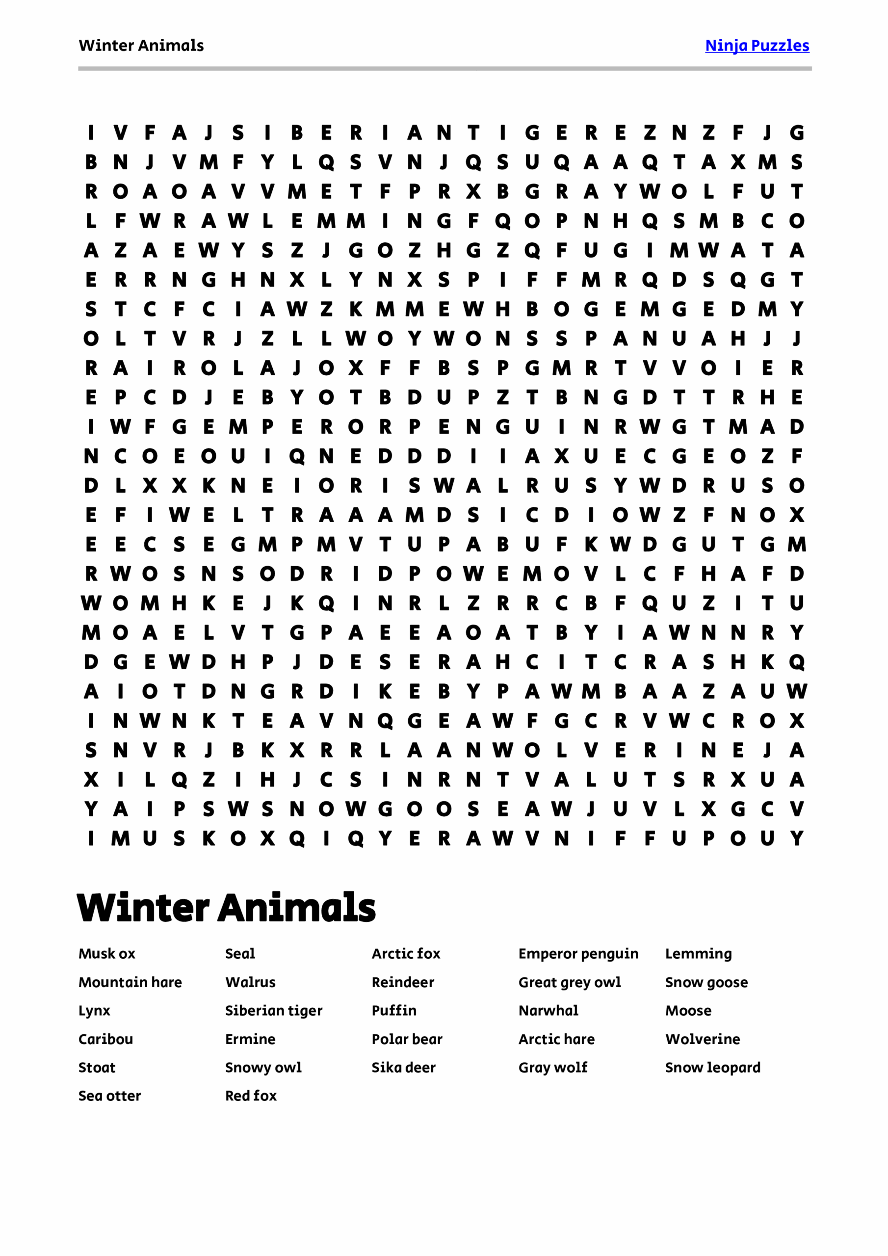 Free Printable Winter Animals Themed Word Search Puzzle Free Printable PDF Free Printable Winter Animals Themed Word Search Puzzle Free Printable PDF