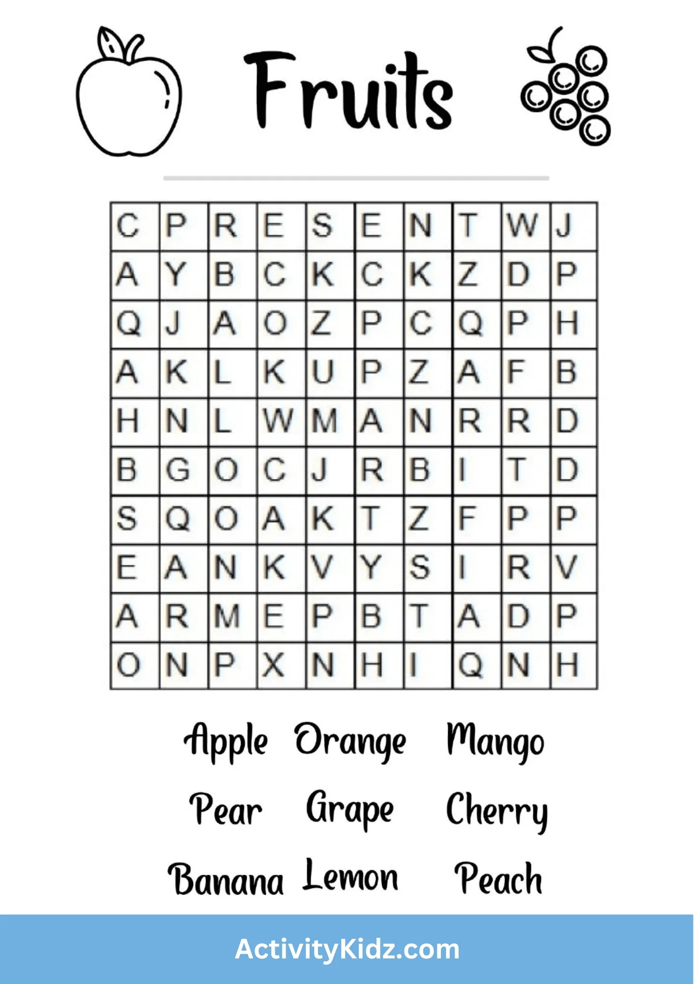Fruits Word Search Puzzle Download FREE Printable Worksheets For Kids ActivityKidz
