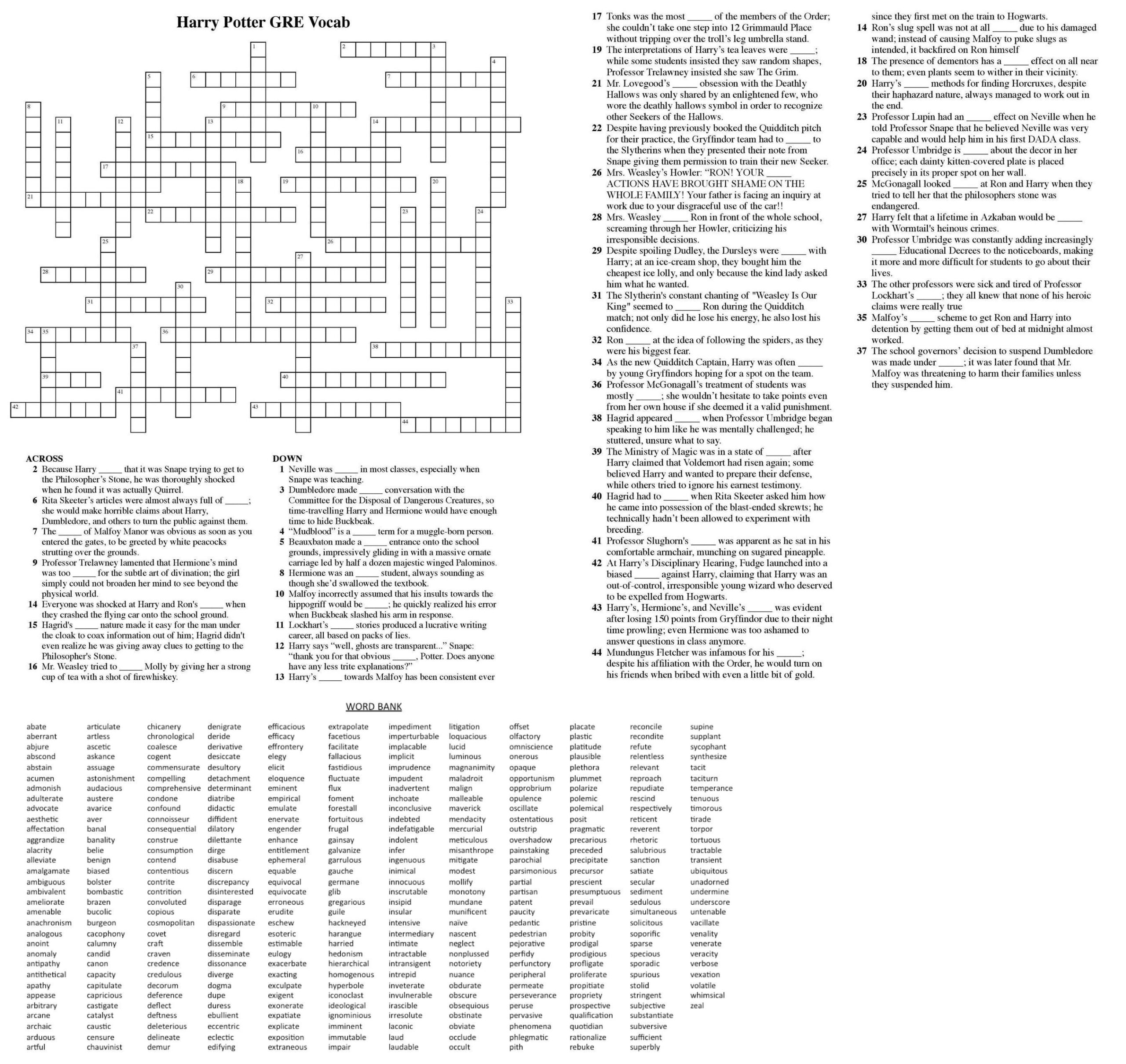 I Made A Harry Potter GRE Vocab Crossword Puzzle updated R GRE I Made A Harry Potter GRE Vocab Crossword Puzzle updated R GRE