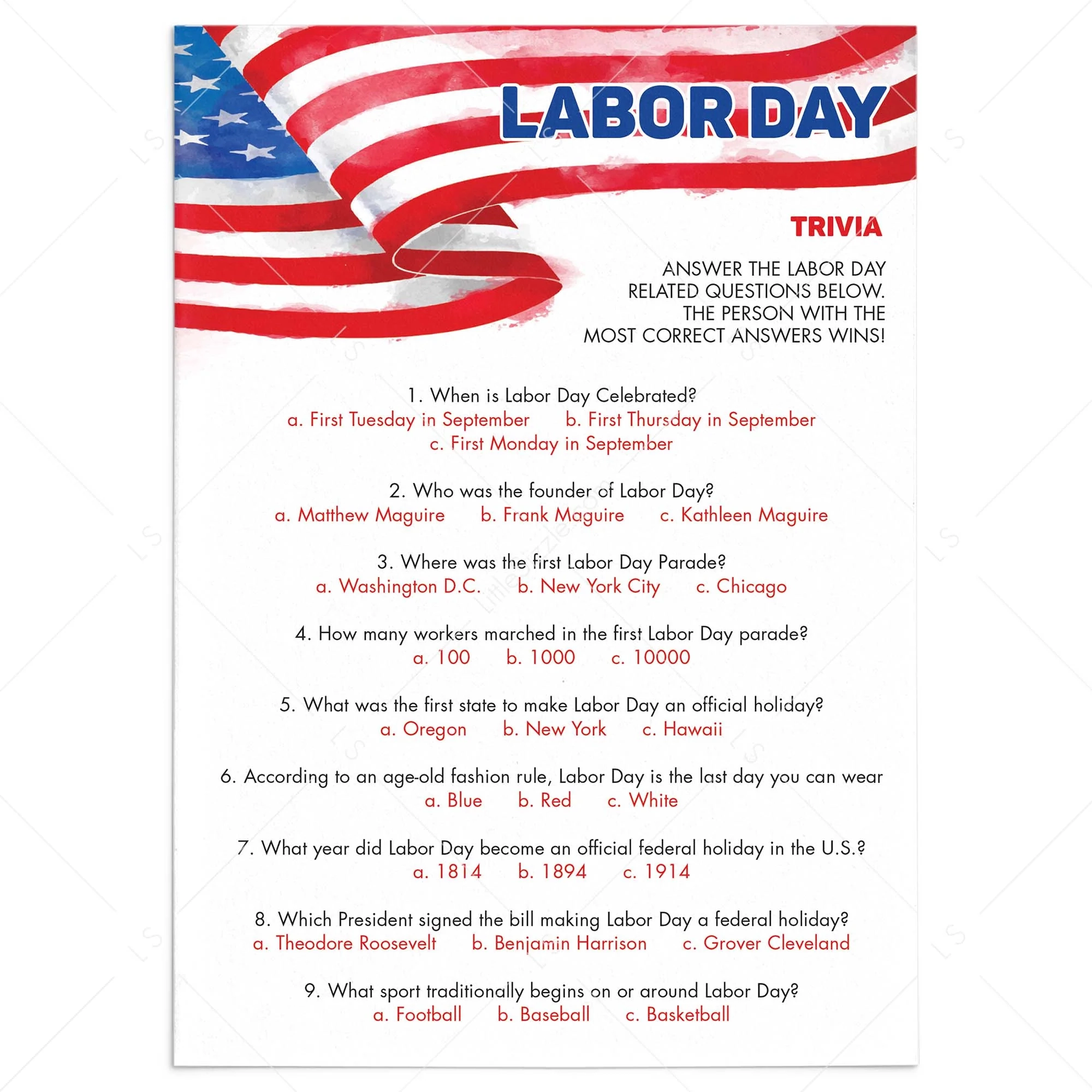 Labor Day Trivia Quiz Printable With Answers Instant Download LittleSizzle Labor Day Trivia Quiz Printable With Answers Instant Download LittleSizzle