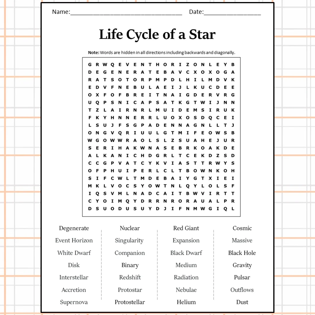 Life Cycle Of A Star Word Search Puzzle Worksheet Activity PDF PrintableBazaar