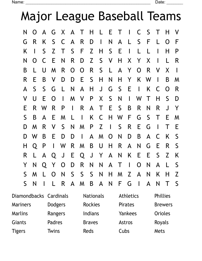 Major League Baseball Teams Word Search WordMint Major League Baseball Teams Word Search WordMint
