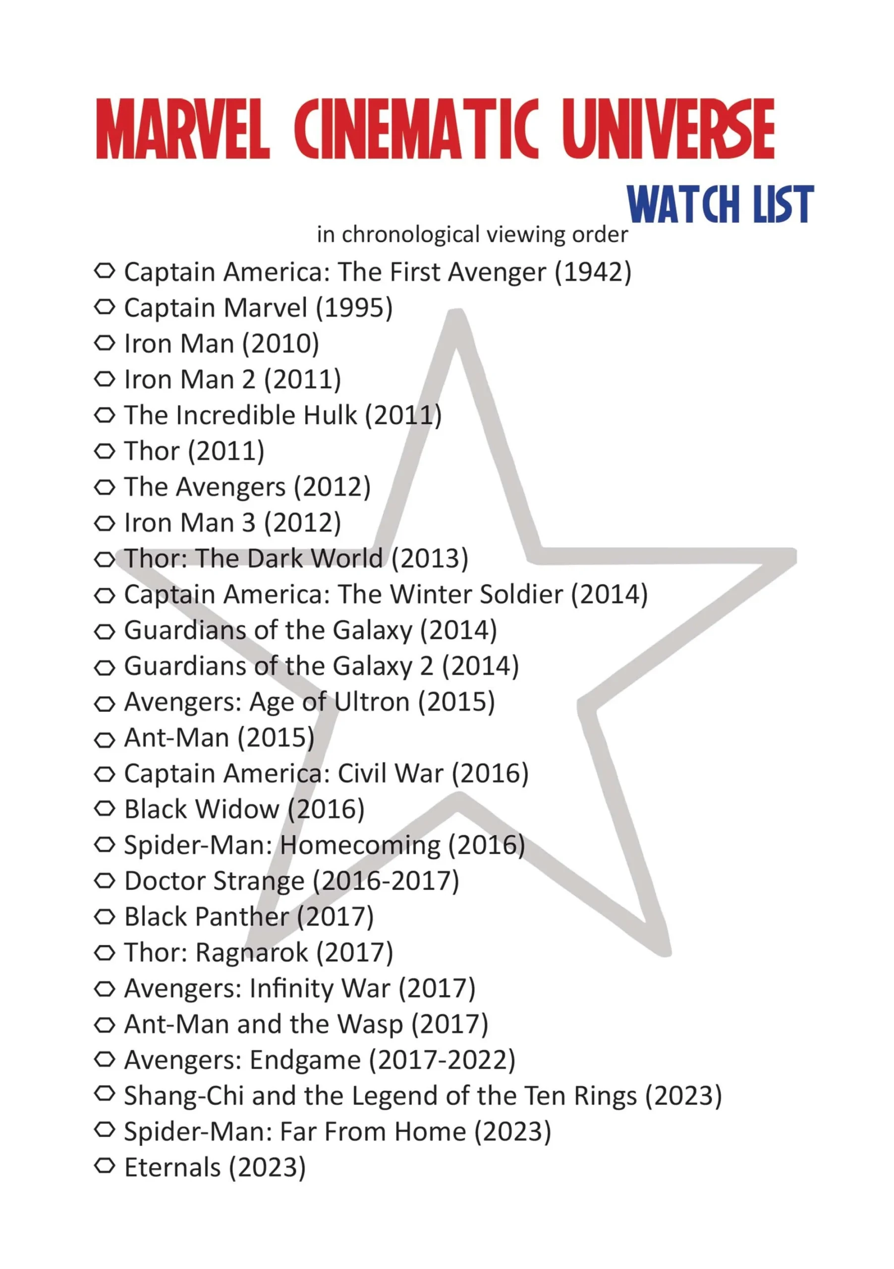 Marvel Movies List Avengers Series Watch Order Printable Marvel Movie Watch List MCU Chronological Order Marvel Movies List Avengers Series Watch Order Printable Marvel Movie Watch List MCU Chronological Order