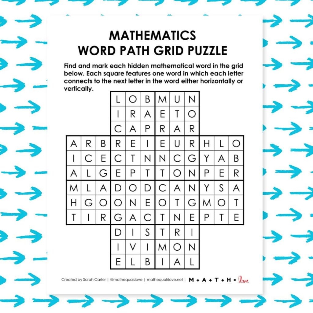 Mathematics Word Path Grid Puzzle Math Love Mathematics Word Path Grid Puzzle Math Love