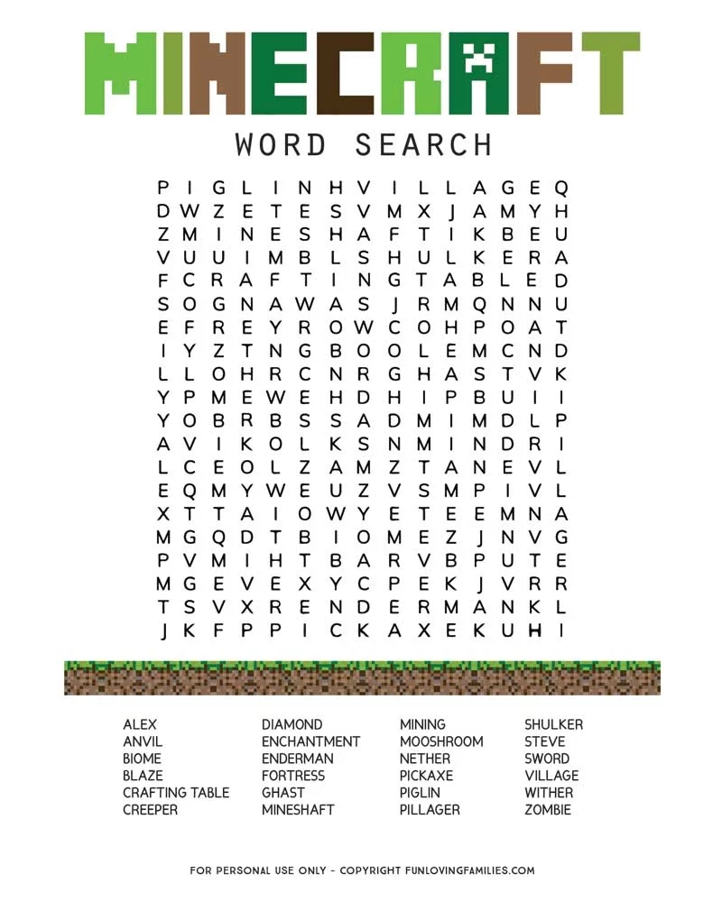 Printable Minecraft Word Search