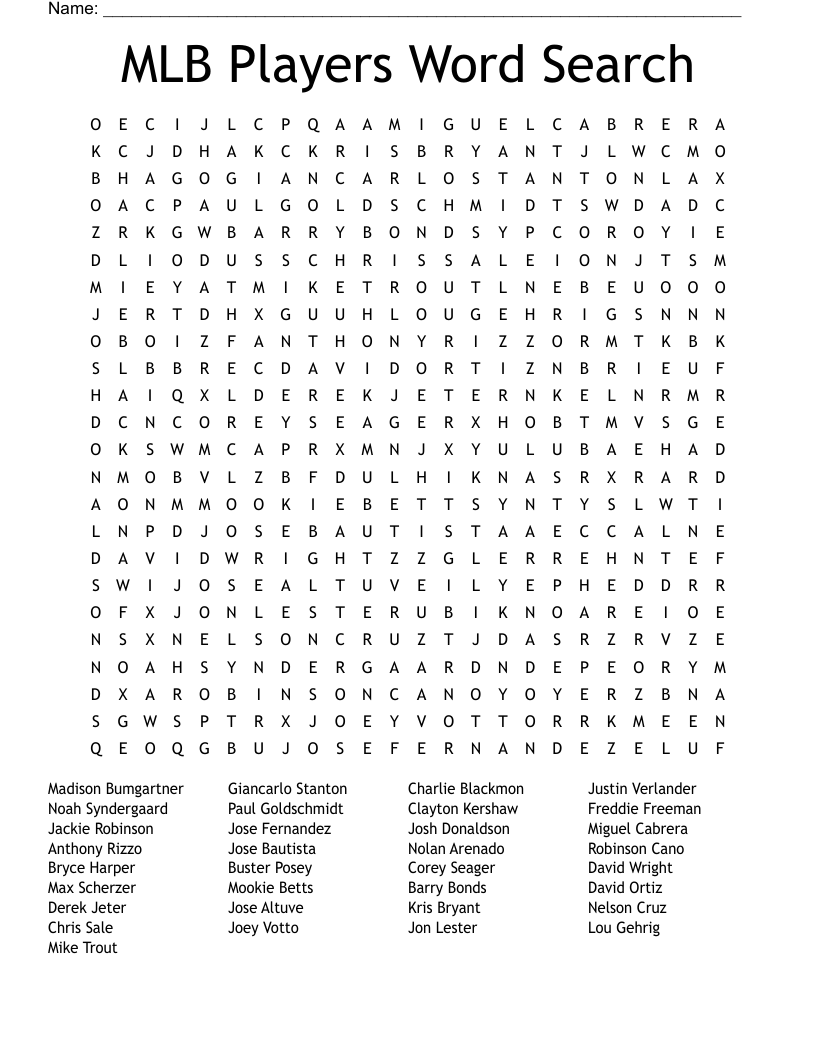 MLB Players Word Search WordMint MLB Players Word Search WordMint