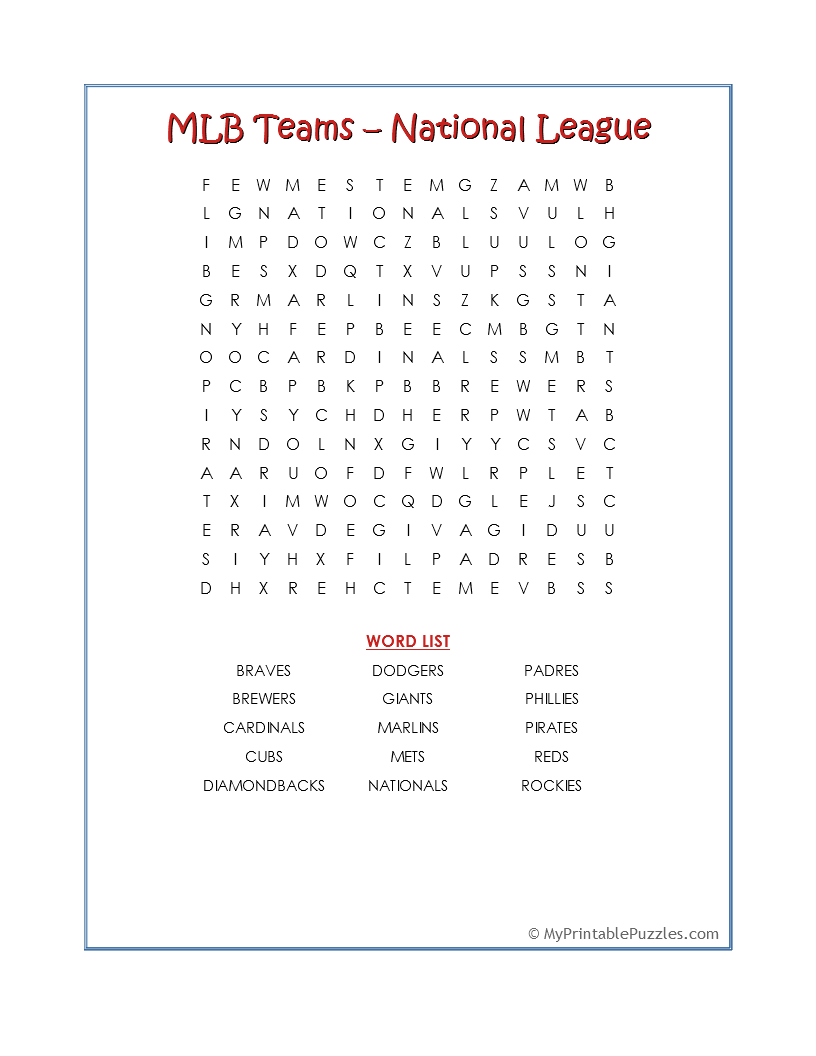 MLB Teams National League Word Search My Printable Puzzles MLB Teams National League Word Search My Printable Puzzles