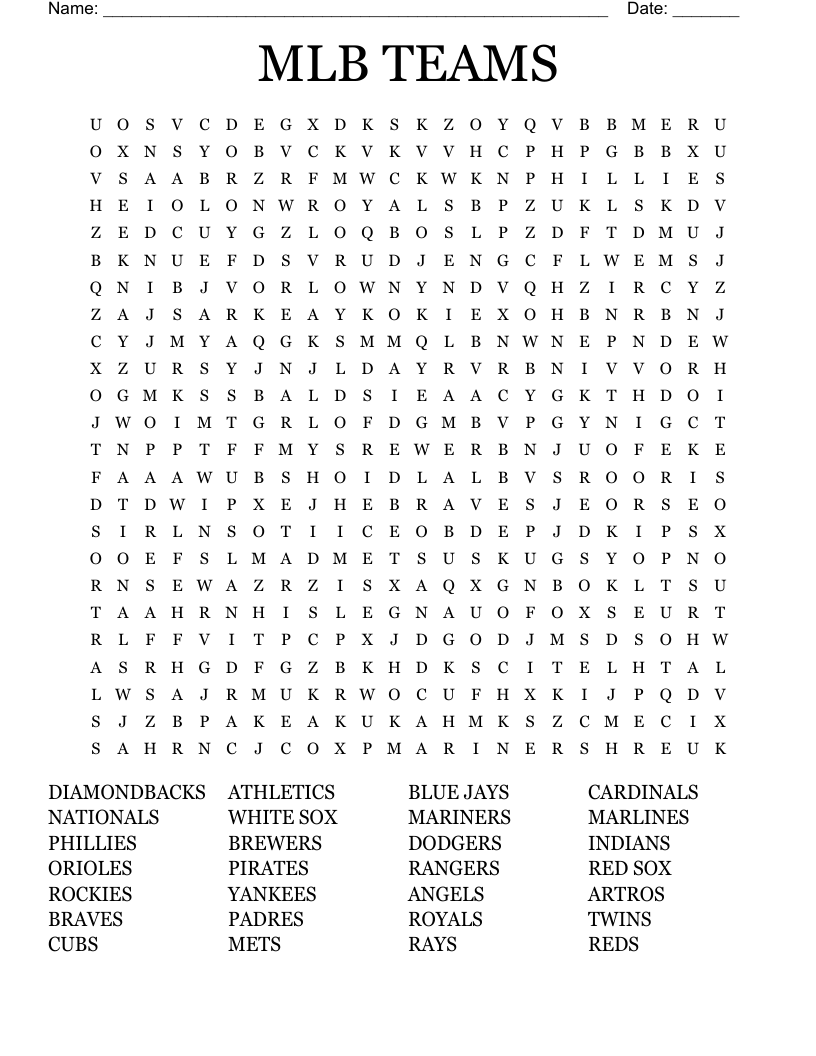 MLB TEAMS Word Search WordMint MLB TEAMS Word Search WordMint