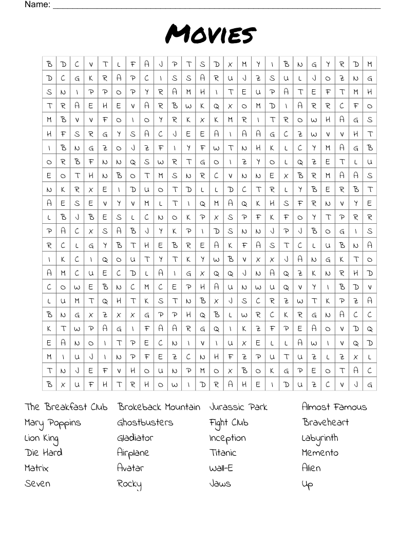 Movies Word Search WordMint Movies Word Search WordMint