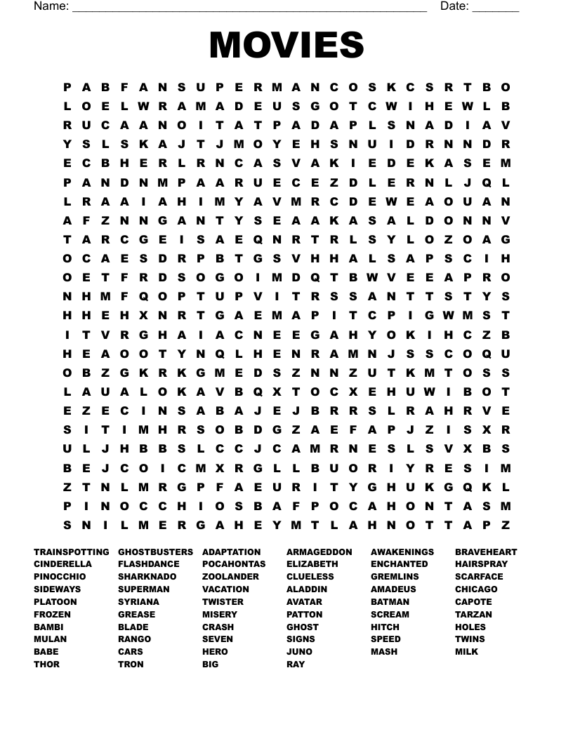 MOVIES Word Search WordMint MOVIES Word Search WordMint