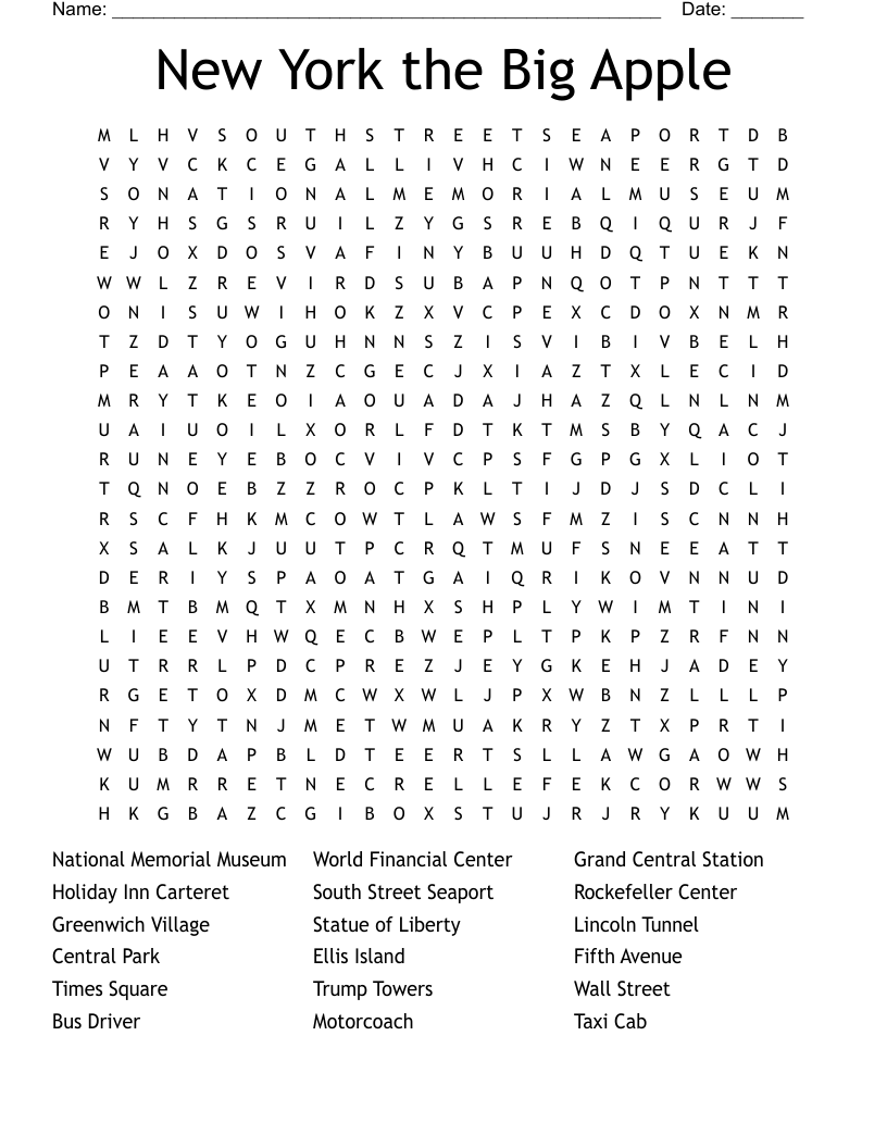 New York The Big Apple Word Search WordMint New York The Big Apple Word Search WordMint