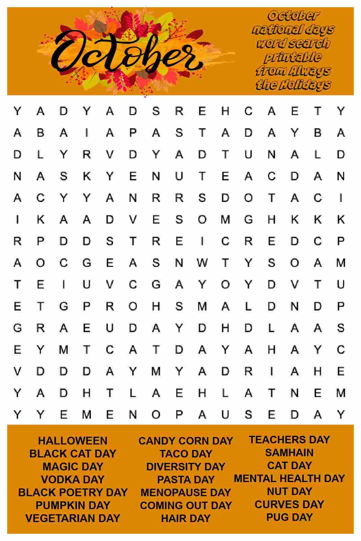 October Word Search Printable National Days Word Find Puzzle October Word Search Printable National Days Word Find Puzzle