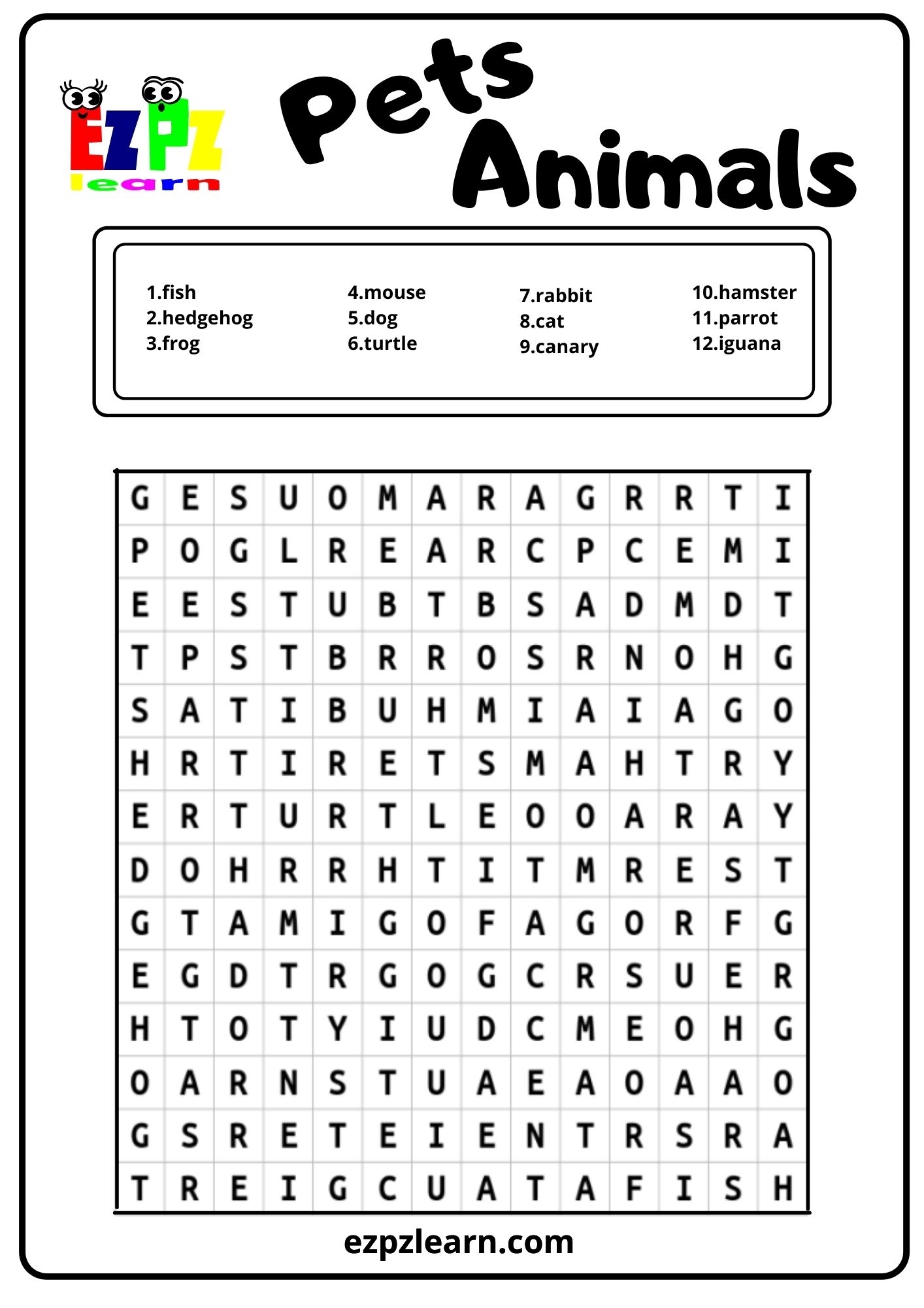 Pets Word Search Ezpzlearn Pets Word Search Ezpzlearn