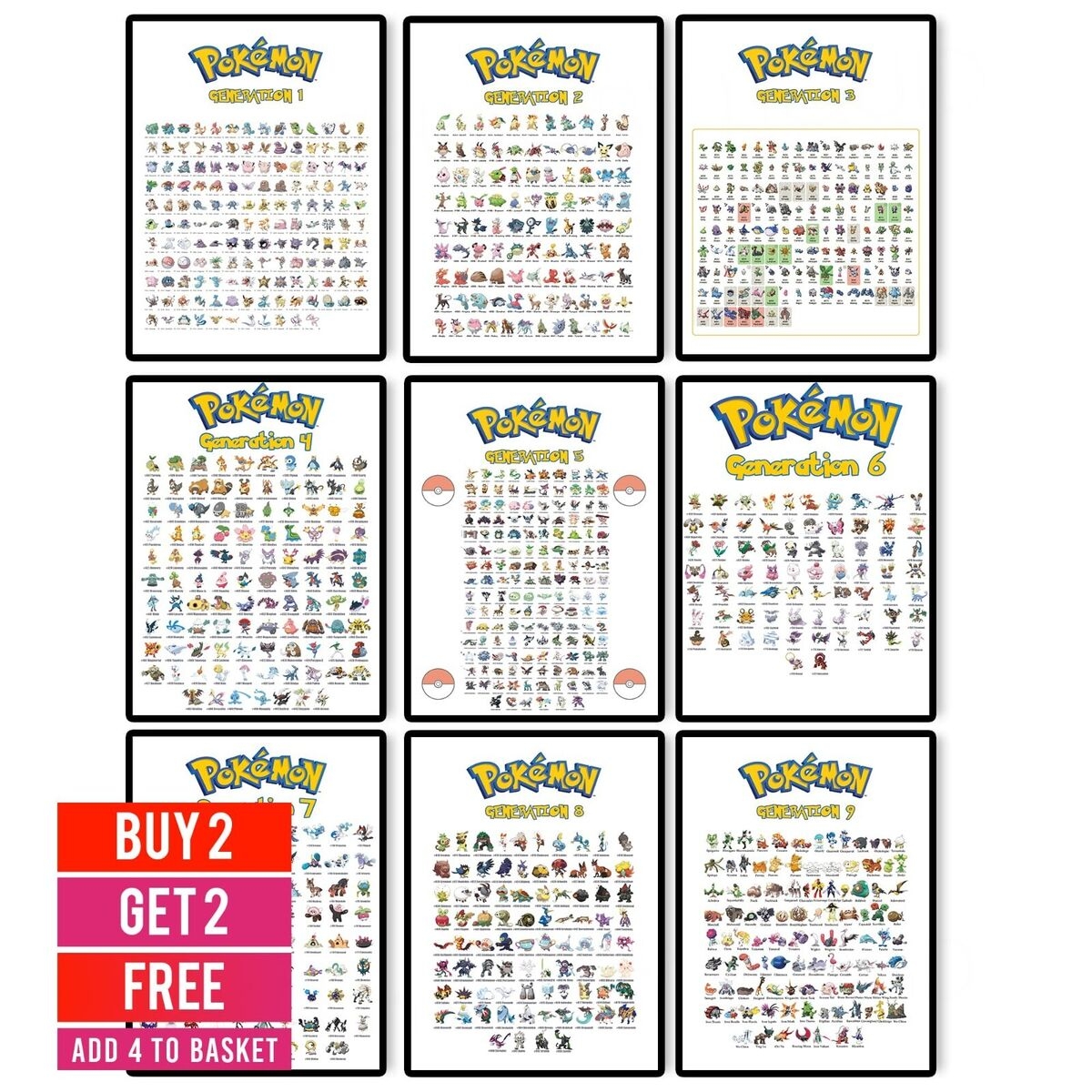 Pokemon Full Pokedex Chart Posters Generation 1 9 Wall Art Poster Prints A5 A3 EBay UK