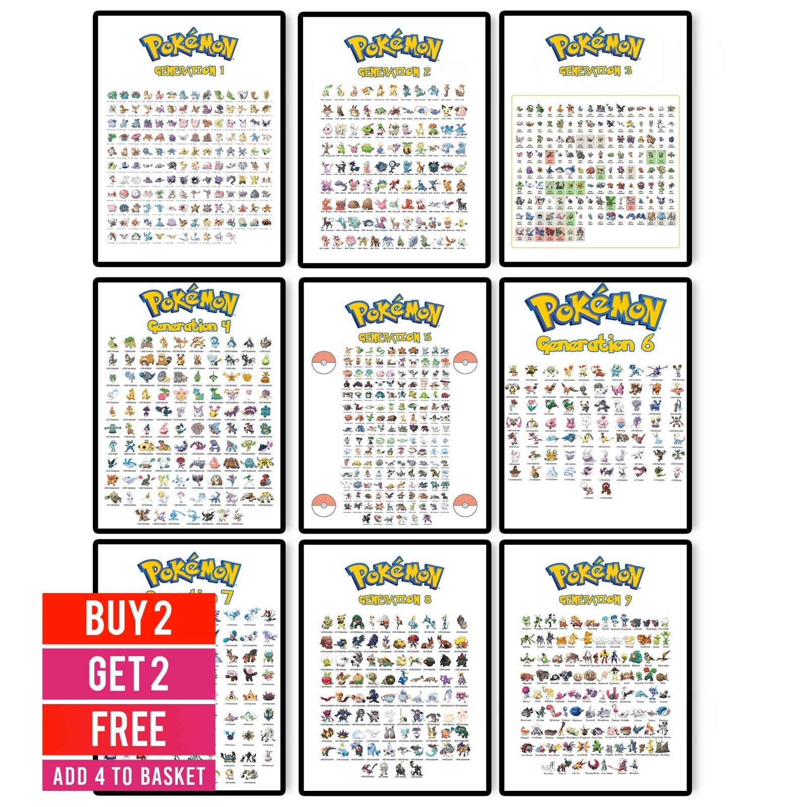 Pokemon Full Pokedex Chart Posters Generation 1 9 Wall Art Poster Prints A5 A3 EBay