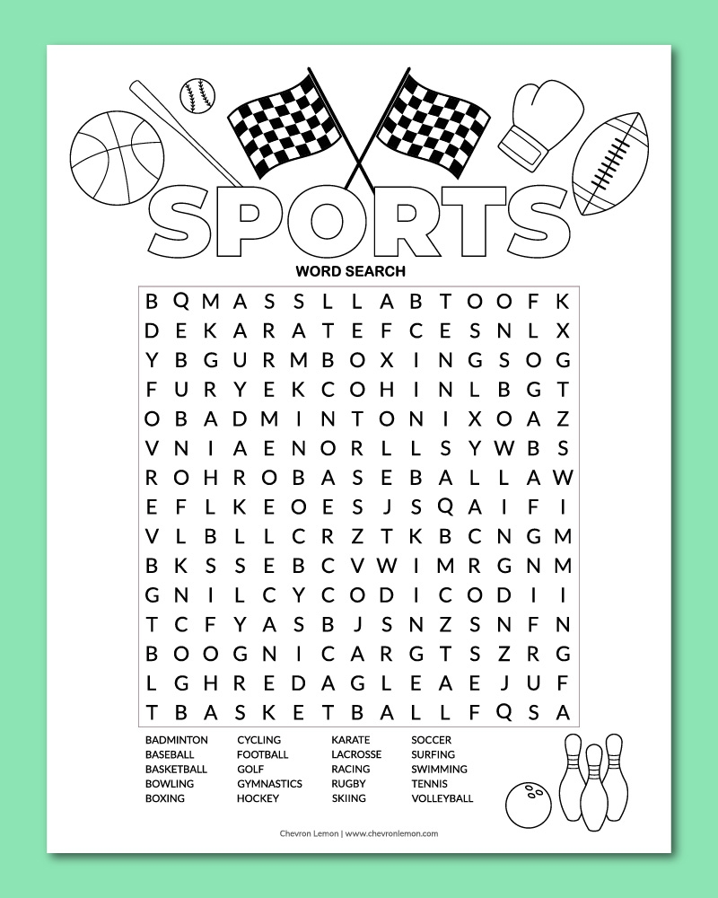 Printable Sports Word Search Puzzle Chevron Lemon Printable Sports Word Search Puzzle Chevron Lemon