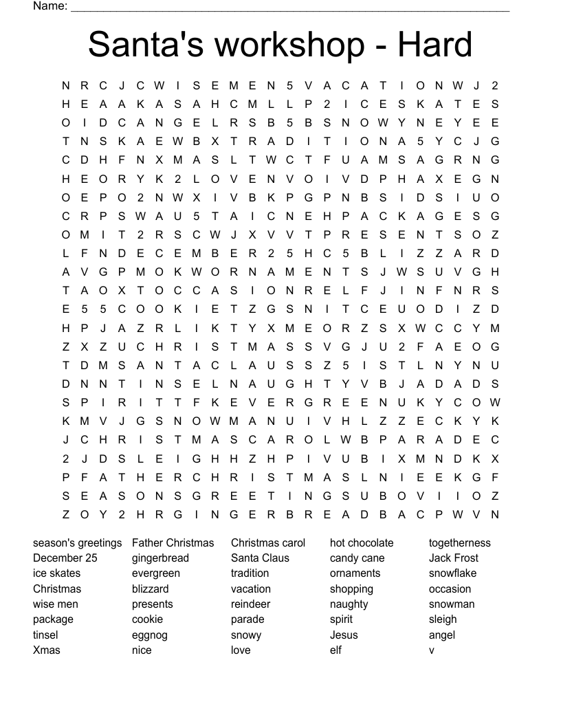 Santa s Workshop Hard Word Search WordMint Santa s Workshop Hard Word Search WordMint