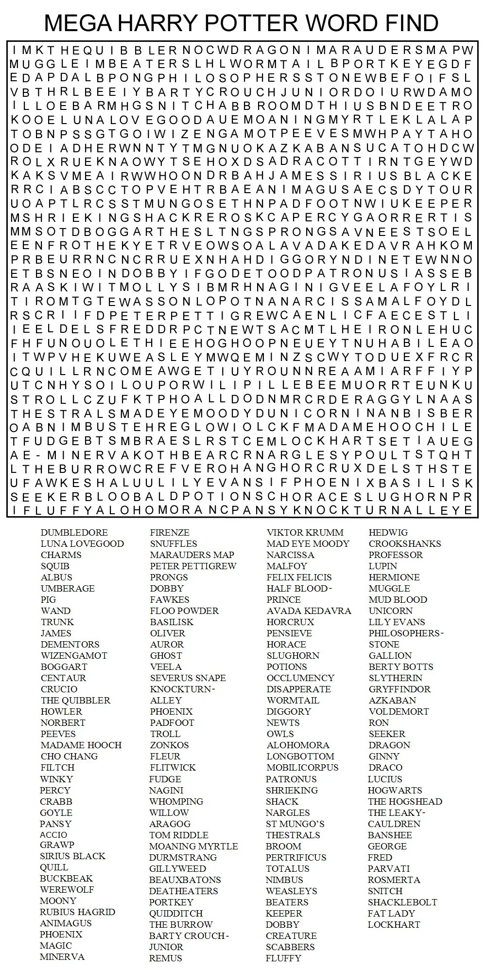 Free Harry Potter Word Searches Printable