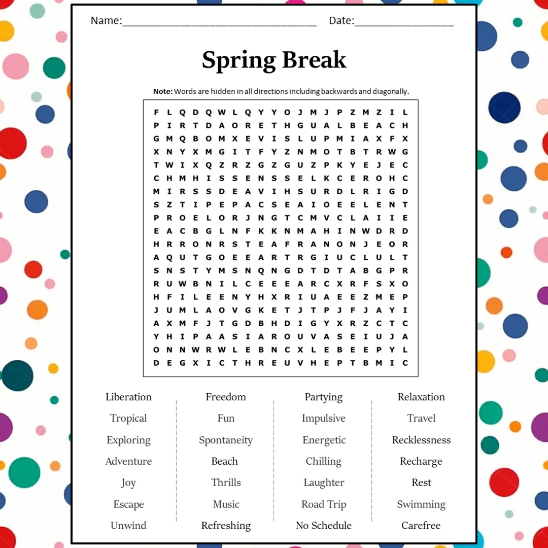 Spring Break Word Search Puzzle Worksheet Activity PDF PrintableBazaar Spring Break Word Search Puzzle Worksheet Activity PDF PrintableBazaar