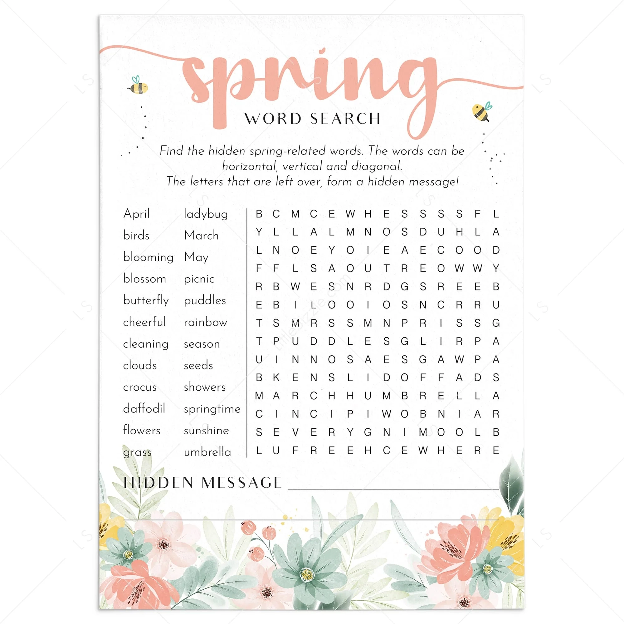 Spring Word Search With Hidden Message Printable Instant Download LittleSizzle Spring Word Search With Hidden Message Printable Instant Download LittleSizzle
