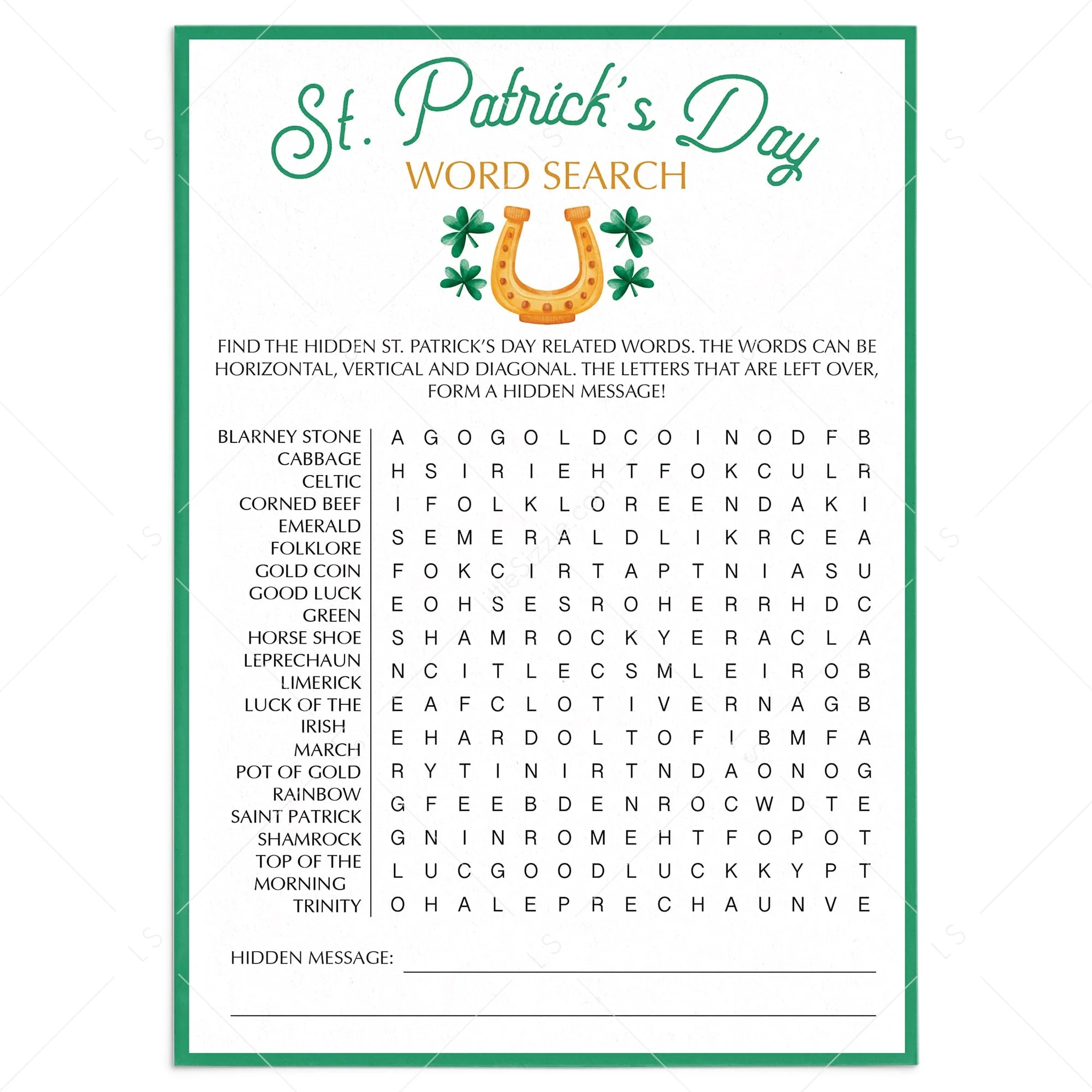 St Patrick s Day Word Search Printable Instant Download LittleSizzle St Patrick s Day Word Search Printable Instant Download LittleSizzle