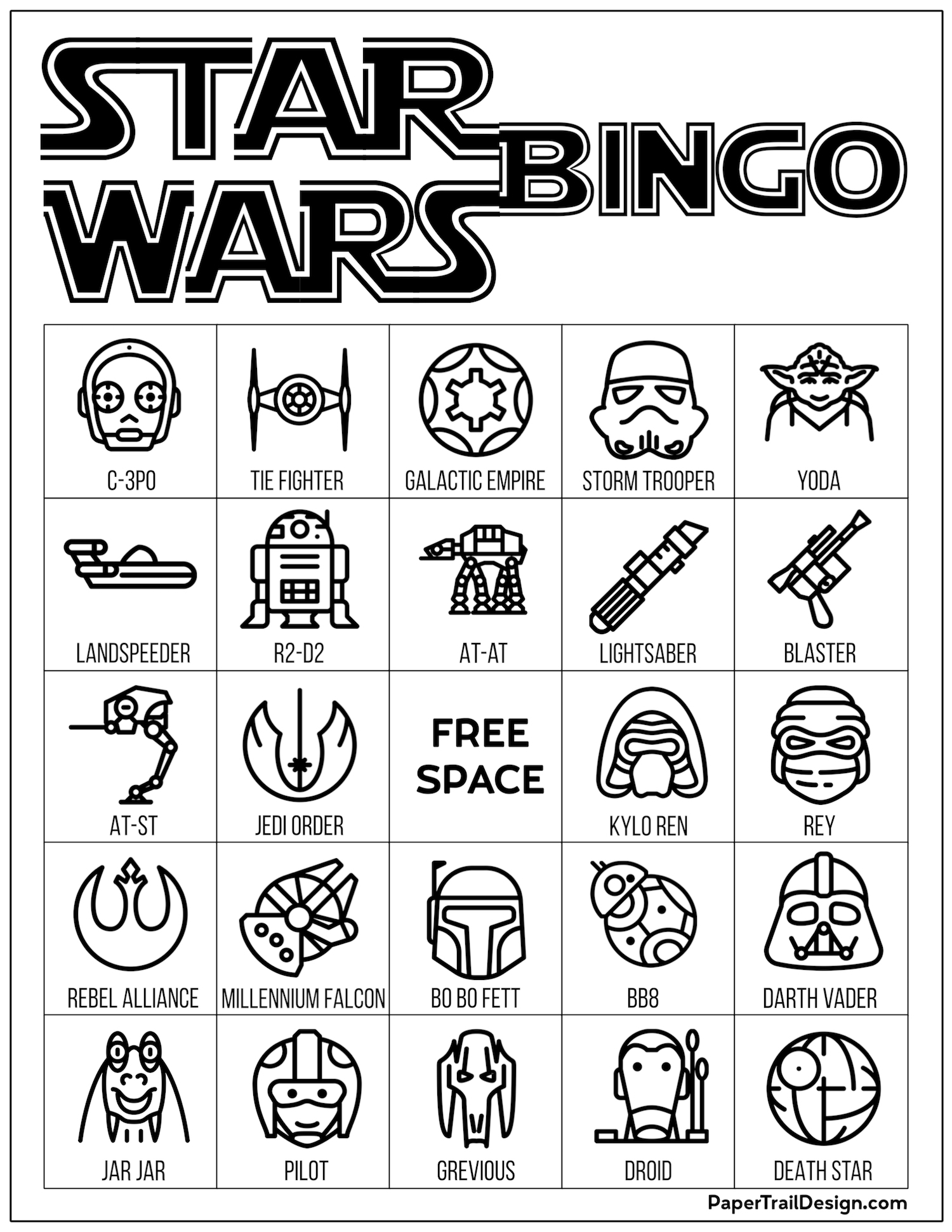 Star Wars Bingo Free Printable Party Game Paper Trail Design Star Wars Bingo Free Printable Party Game Paper Trail Design