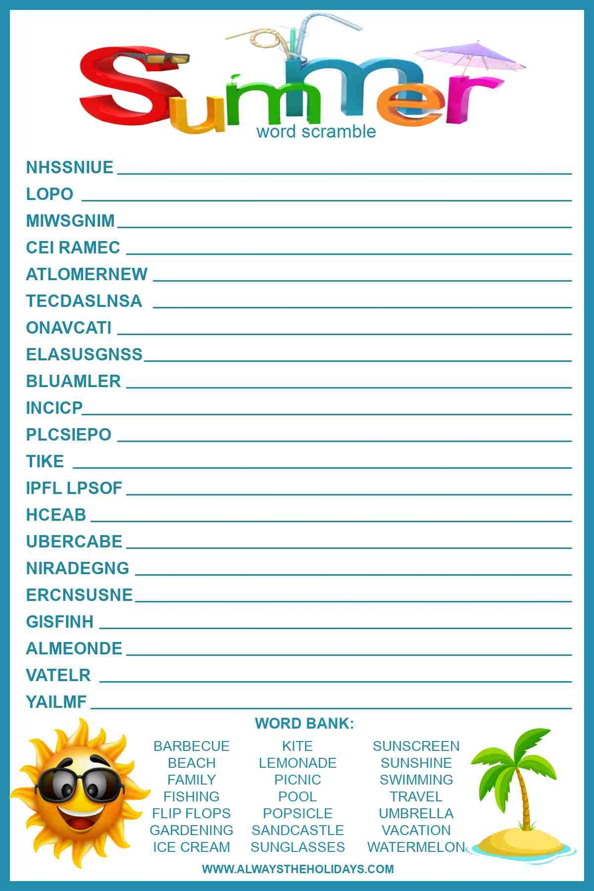 Summer Word Search For Kids Free Printable