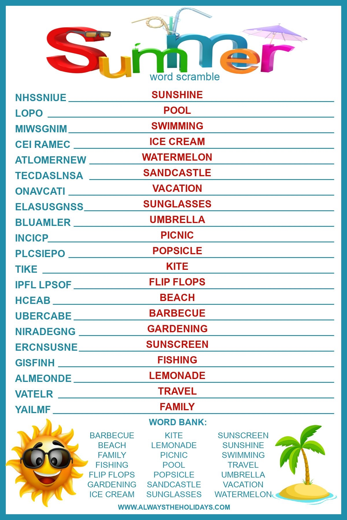 Summer Word Scramble With Answers Free Printable For Kids Summer Word Scramble With Answers Free Printable For Kids