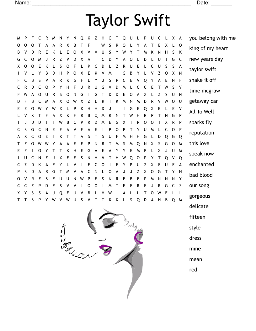 Taylor Swift Songs Word Search WordMint Taylor Swift Songs Word Search WordMint